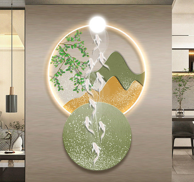 Creative Fish Over Dragon Gate Crystal Porcelain LED Wall Art