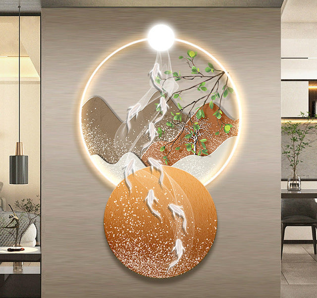 Creative Fish Over Dragon Gate Crystal Porcelain LED Wall Art