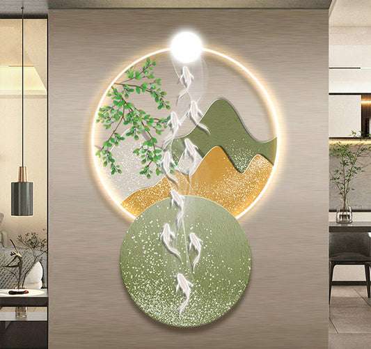 Creative Fish Over Dragon Gate Crystal Porcelain LED Wall Art