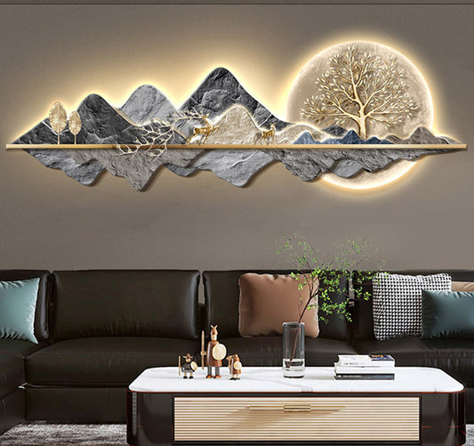 Light Luxury Mountains with Deer & LED Money Tree Wall Art