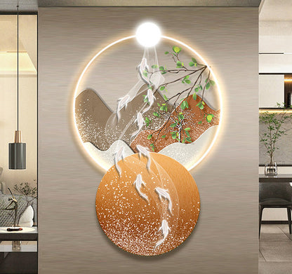 Creative Fish Over Dragon Gate Crystal Porcelain LED Wall Art